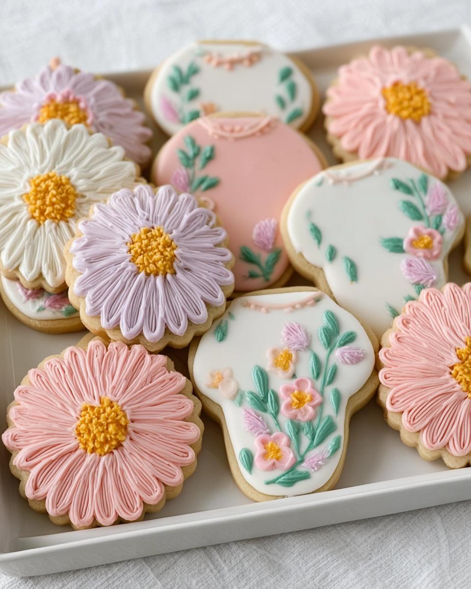 A tray of beautifully decorated Baby in Bloom Royal Icing Cookies featuring daisies and floral dress shapes.