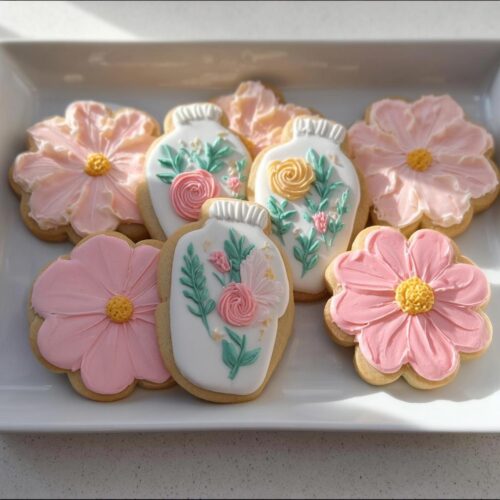 A plate of beautifully decorated Baby in Bloom Royal Icing Cookies featuring pink flowers and floral vases.