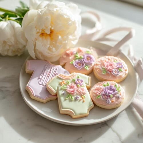 A plate of beautifully decorated Baby in Bloom Sugar Cookies featuring floral designs on onesies and round shapes.