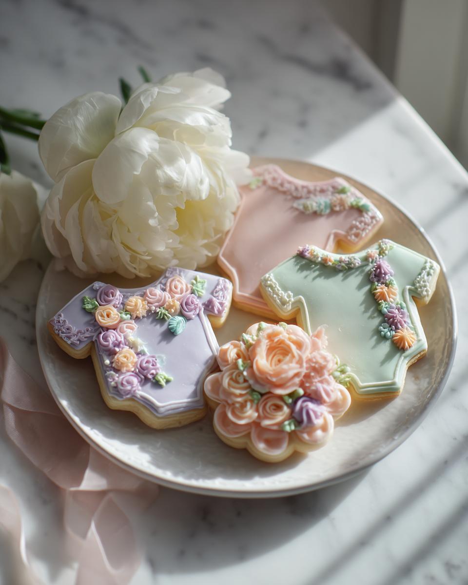 Three decorated Baby in Bloom Sugar Cookies shaped like onesies, adorned with pastel floral piping, next to a large white peony.