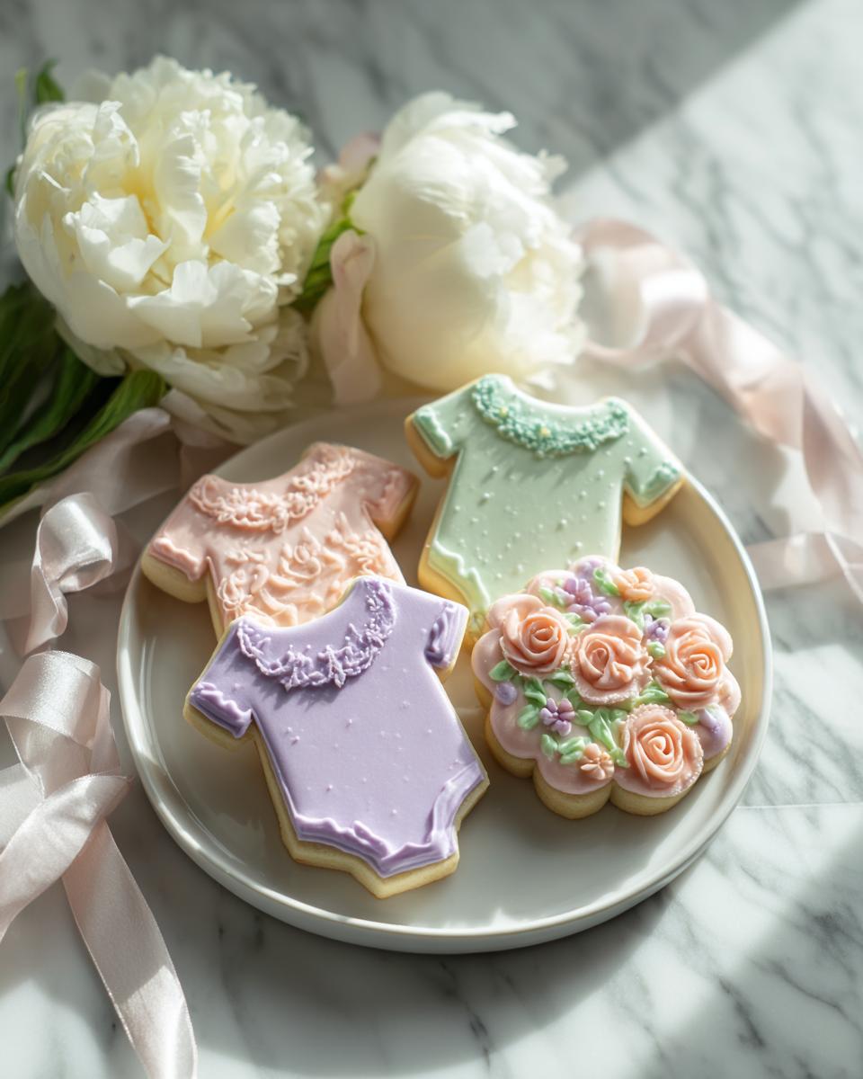 Four beautifully decorated Baby in Bloom Sugar Cookies, including onesies in pink, green, and purple, next to a floral bouquet cookie.