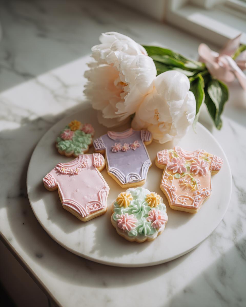 Three decorated Baby in Bloom Sugar Cookies shaped like onesies next to floral cookies and white peonies.