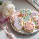 A plate of beautifully decorated Baby in Bloom Sugar Cookies featuring floral icing designs next to fresh peonies.
