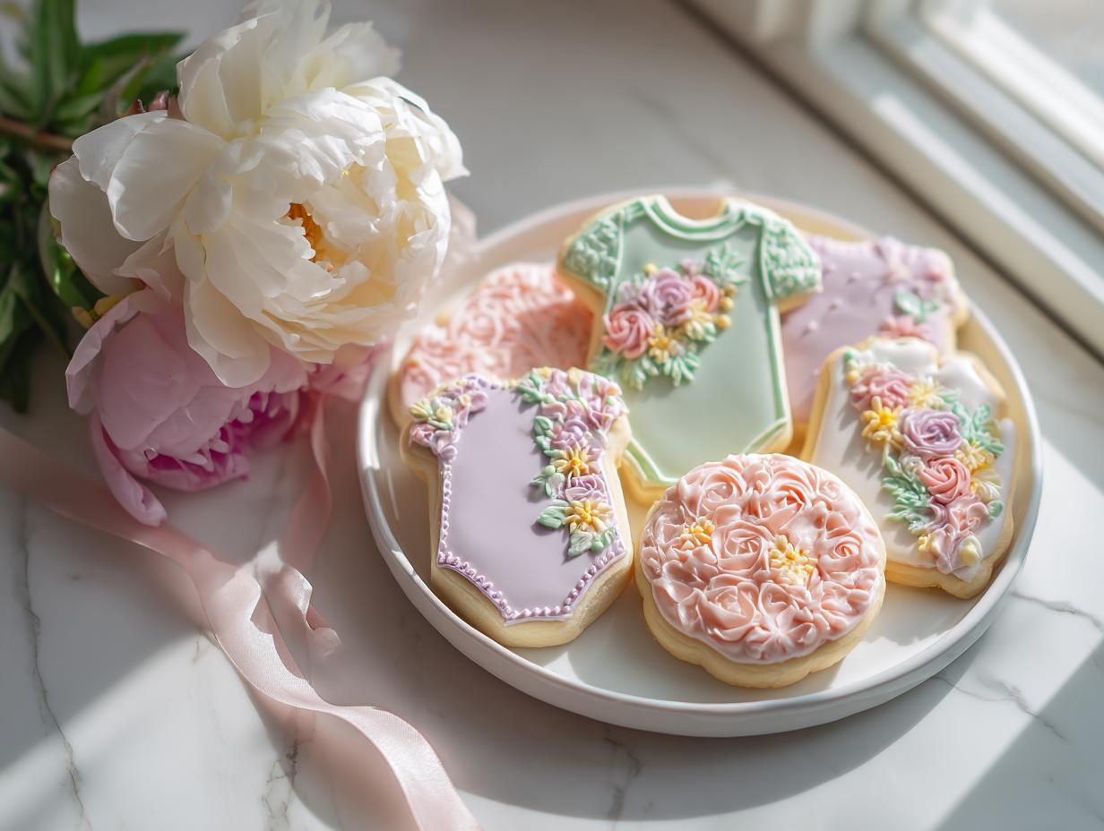 A plate of beautifully decorated Baby in Bloom Sugar Cookies featuring floral icing designs next to fresh peonies.