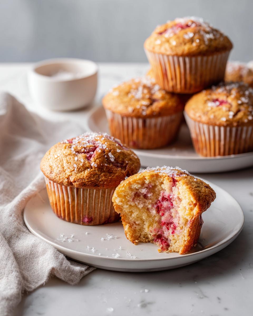 Close-up of Bakery Style Strawberry Muffins, one bitten open showing the moist interior and berries.