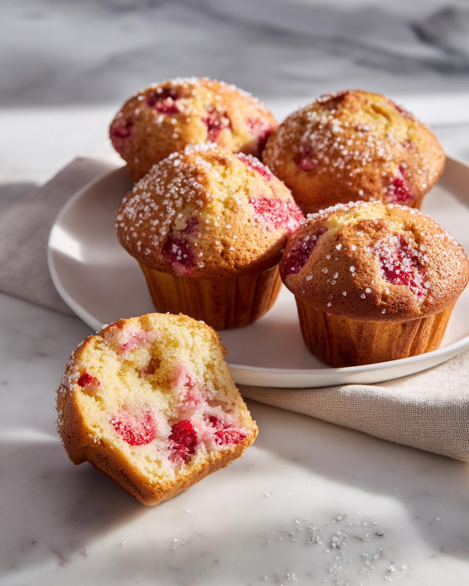 A halved Bakery Style Strawberry Muffin next to four whole muffins topped with coarse sugar.