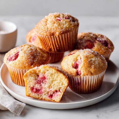 A plate of golden Bakery Style Strawberry Muffins, one cut open to show the fruit inside, topped with coarse sugar.
