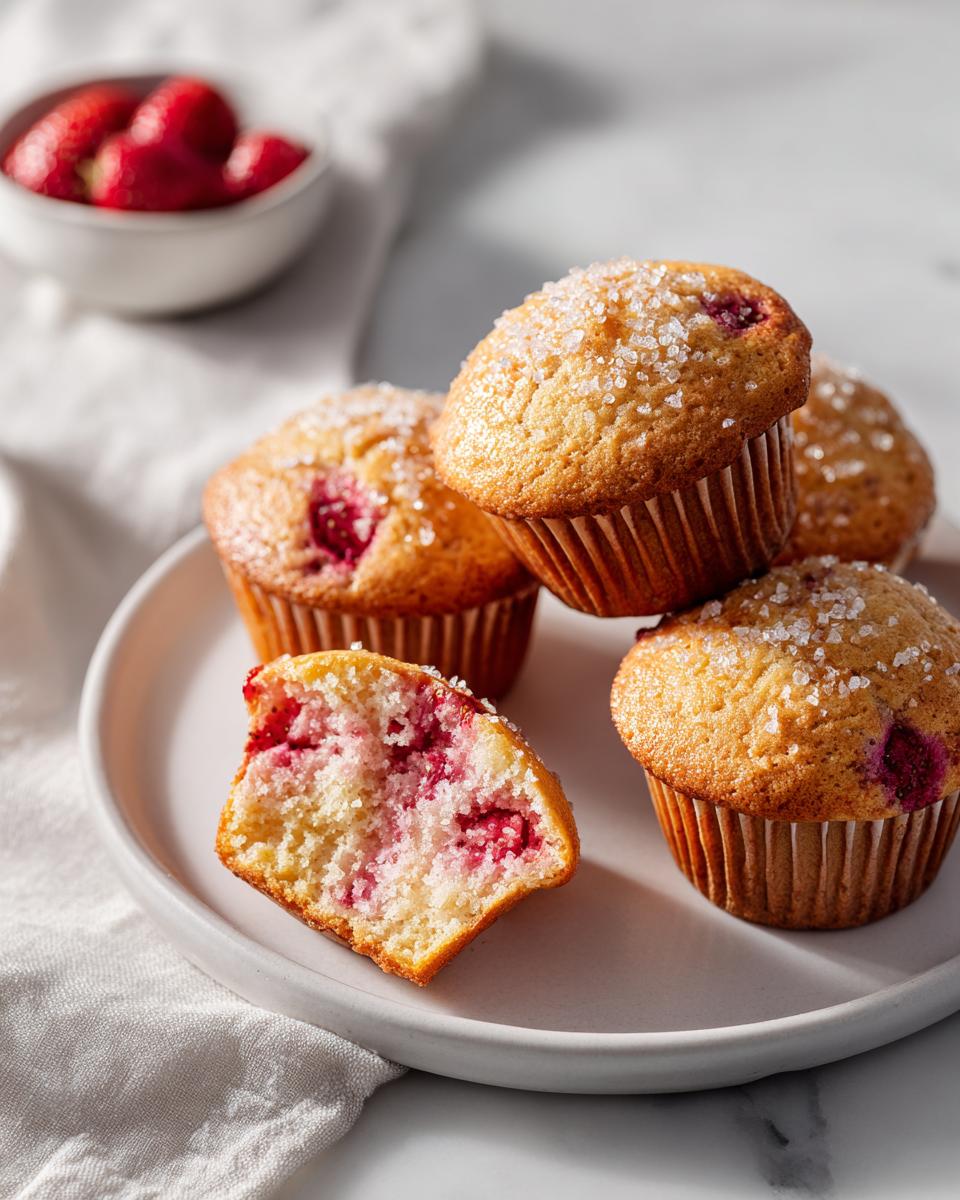 A stack of golden Bakery Style Strawberry Muffins topped with coarse sugar, one cut open showing berries.