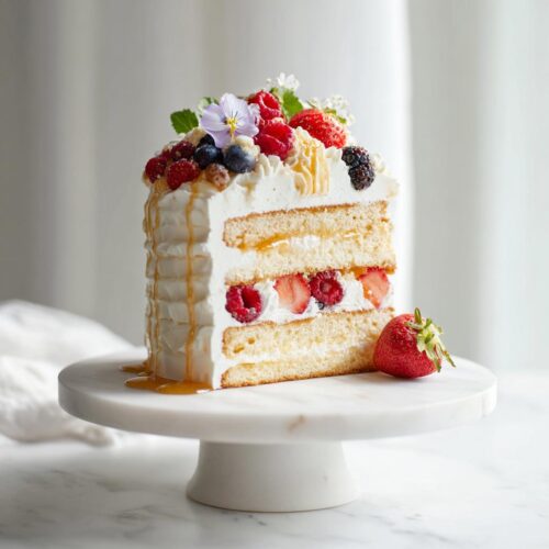 A beautiful slice of layered sponge cake with cream, fresh berries, and caramel drizzle, perfect for Rustic Wedding Dessert Table Ideas.