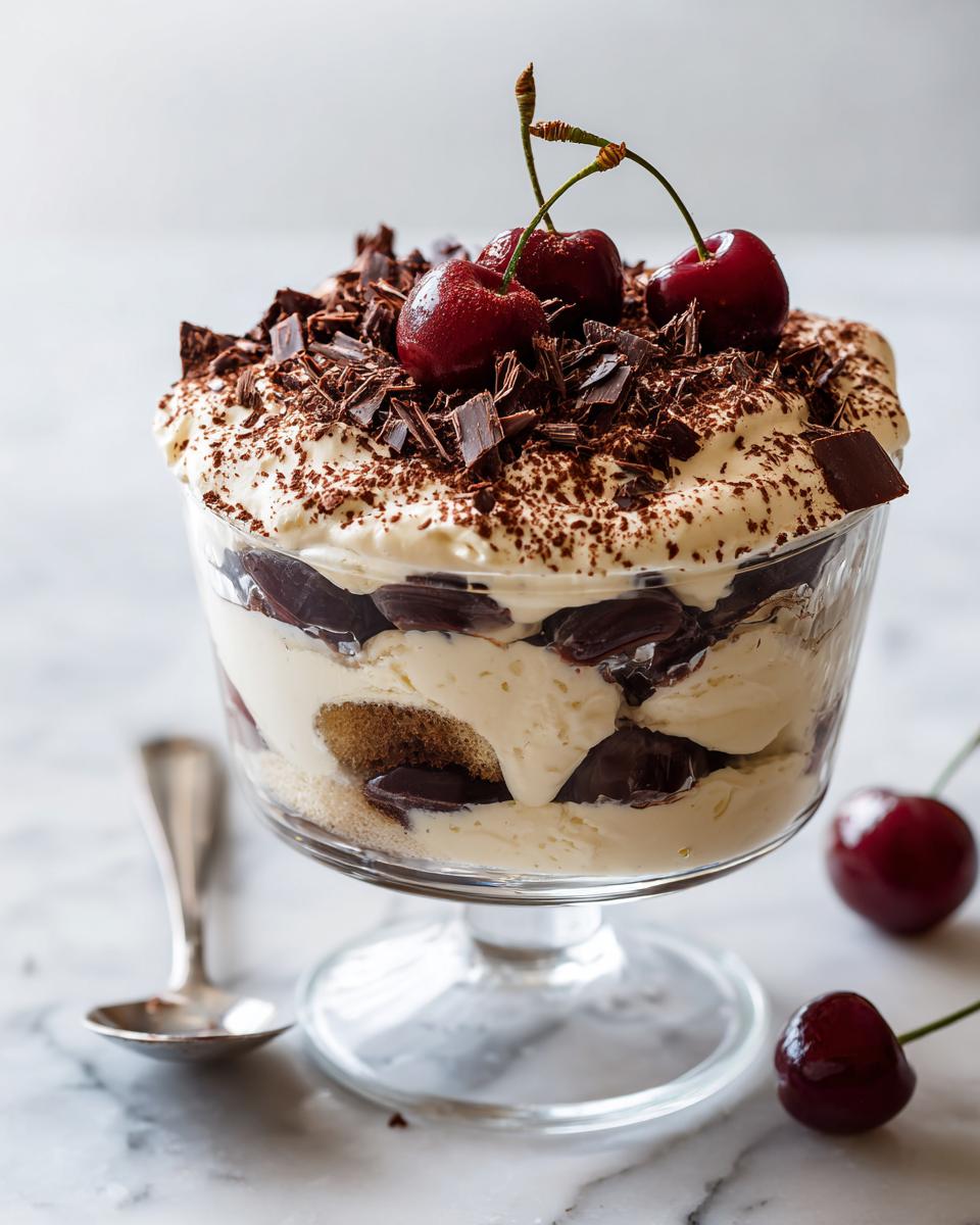 Close-up of Black Forest Cherry Tiramisu layered with cream, cherries, and dark chocolate shavings, topped with fresh cherries.