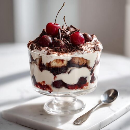 A single serving of Black Forest Cherry Tiramisu layered with cream, dark chocolate shavings, and fresh cherries.