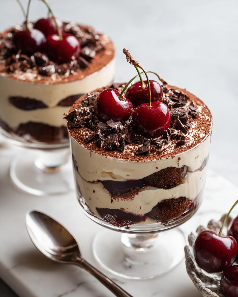 Close-up of Black Forest Cherry Tiramisu layered in a glass, topped with fresh cherries and chocolate shavings.