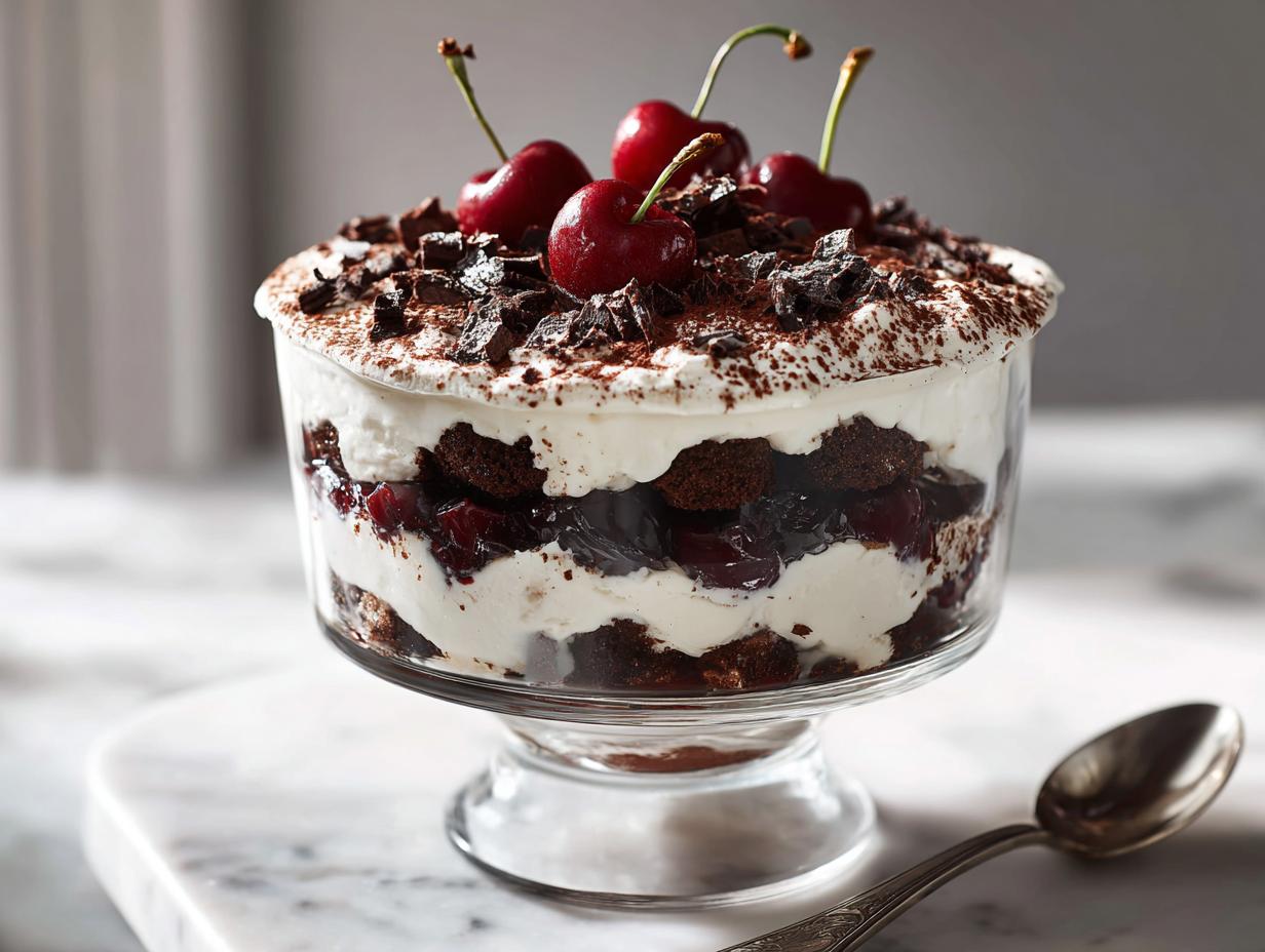 A layered Black Forest Cherry Tiramisu dessert featuring dark chocolate cake, cream, and cherries, topped with fresh cherries.