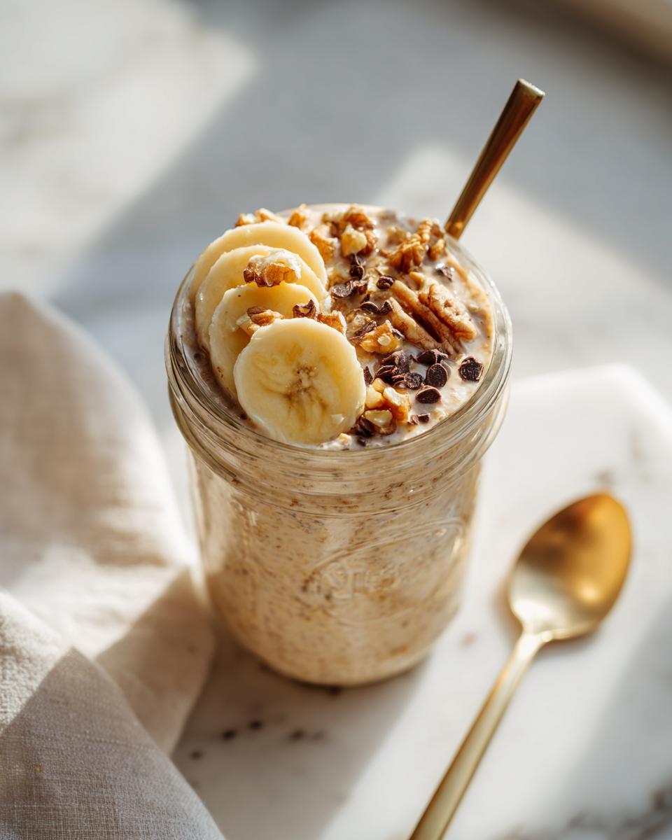 Close-up of Blended Banana Bread Overnight Oats topped with banana slices, nuts, and chocolate chips in a mason jar.