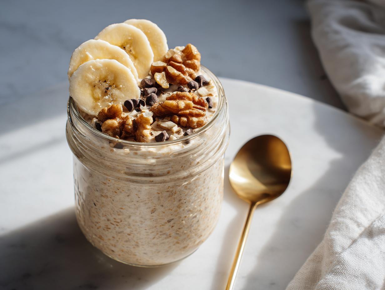 A jar of Blended Banana Bread Overnight Oats topped with sliced bananas, walnuts, and chocolate chips.