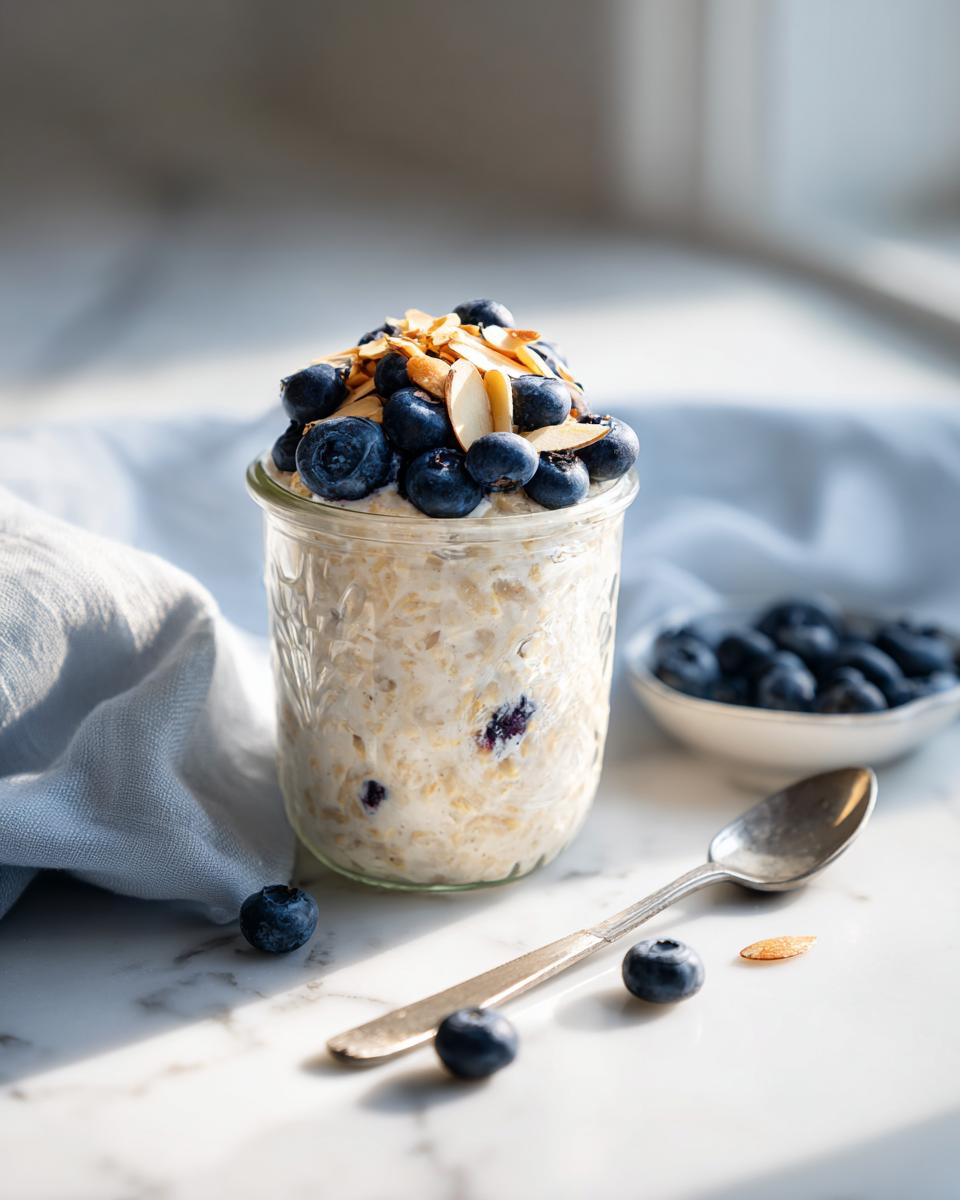 A jar of Blueberry Almond Overnight Oats topped with fresh blueberries and sliced almonds.