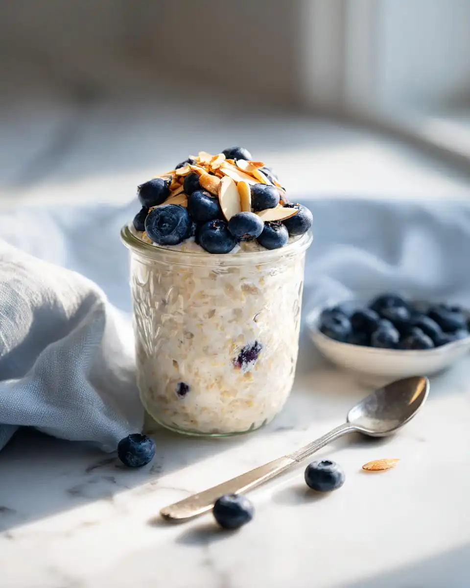 A jar of Blueberry Almond Overnight Oats topped with fresh blueberries and sliced almonds.