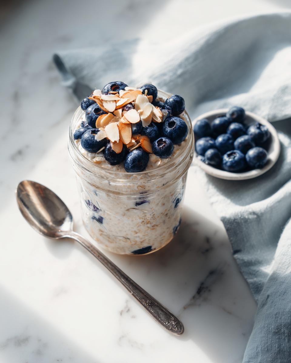 A jar of Blueberry Almond Overnight Oats topped with fresh blueberries and sliced almonds.