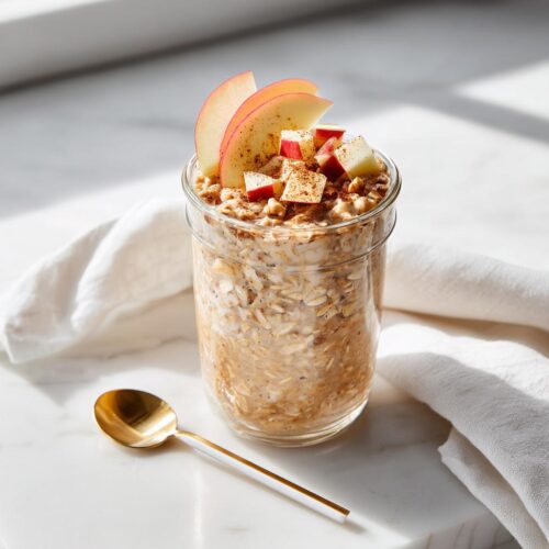 A glass jar filled with Brown Sugar Apple Overnight Oats, topped with fresh apple slices and cinnamon.