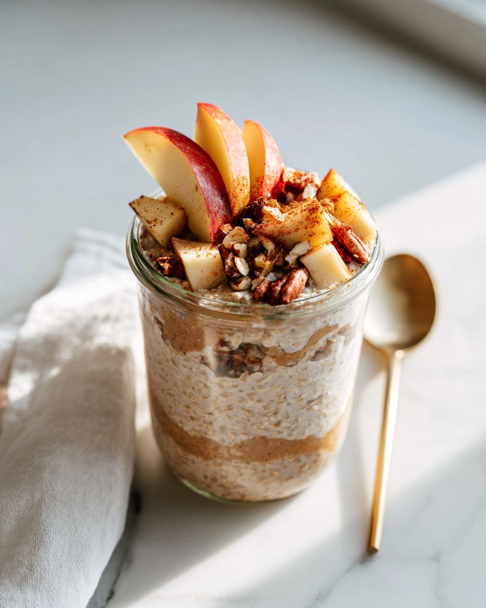 Close-up of Brown Sugar Apple Overnight Oats layered in a glass jar, topped with apple slices and pecans.