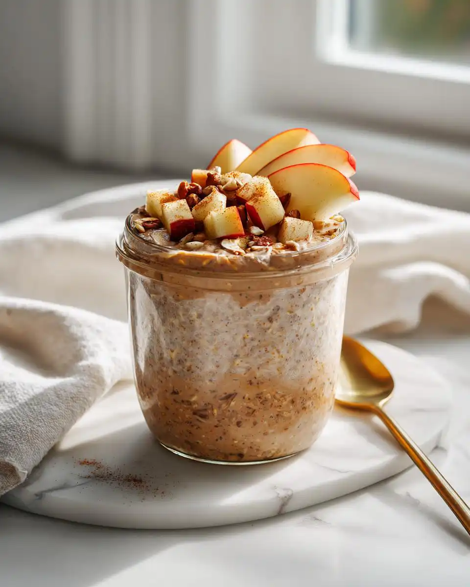A glass jar filled with Brown Sugar Apple Overnight Oats, topped with diced apples, nuts, and cinnamon.