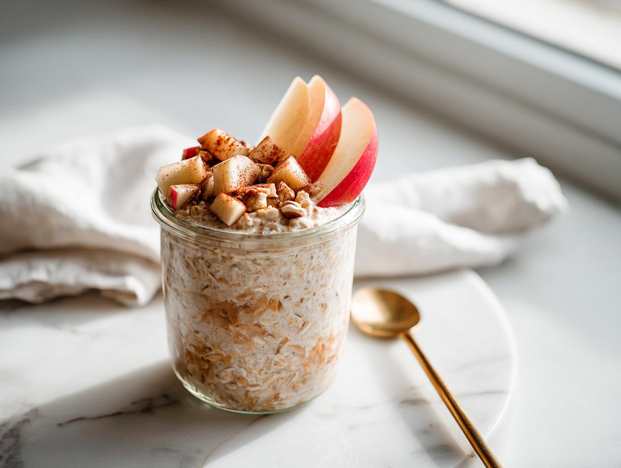 A jar filled with Brown Sugar Apple Overnight Oats, topped with diced apples, nuts, and cinnamon.