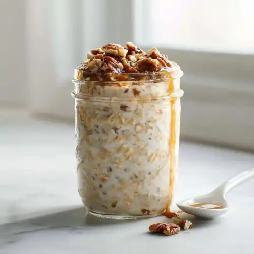 A glass jar filled with creamy Brown Sugar Pecan Overnight Oats, topped generously with pecans and drizzled with caramel sauce.