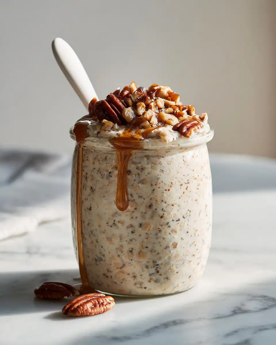Close-up of Brown Sugar Pecan Overnight Oats topped with pecans and drizzled with caramel sauce in a glass jar.
