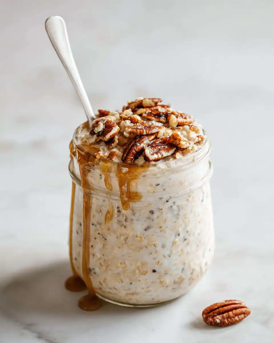 A glass jar filled with creamy Brown Sugar Pecan Overnight Oats, topped with pecans and drizzled with caramel sauce.