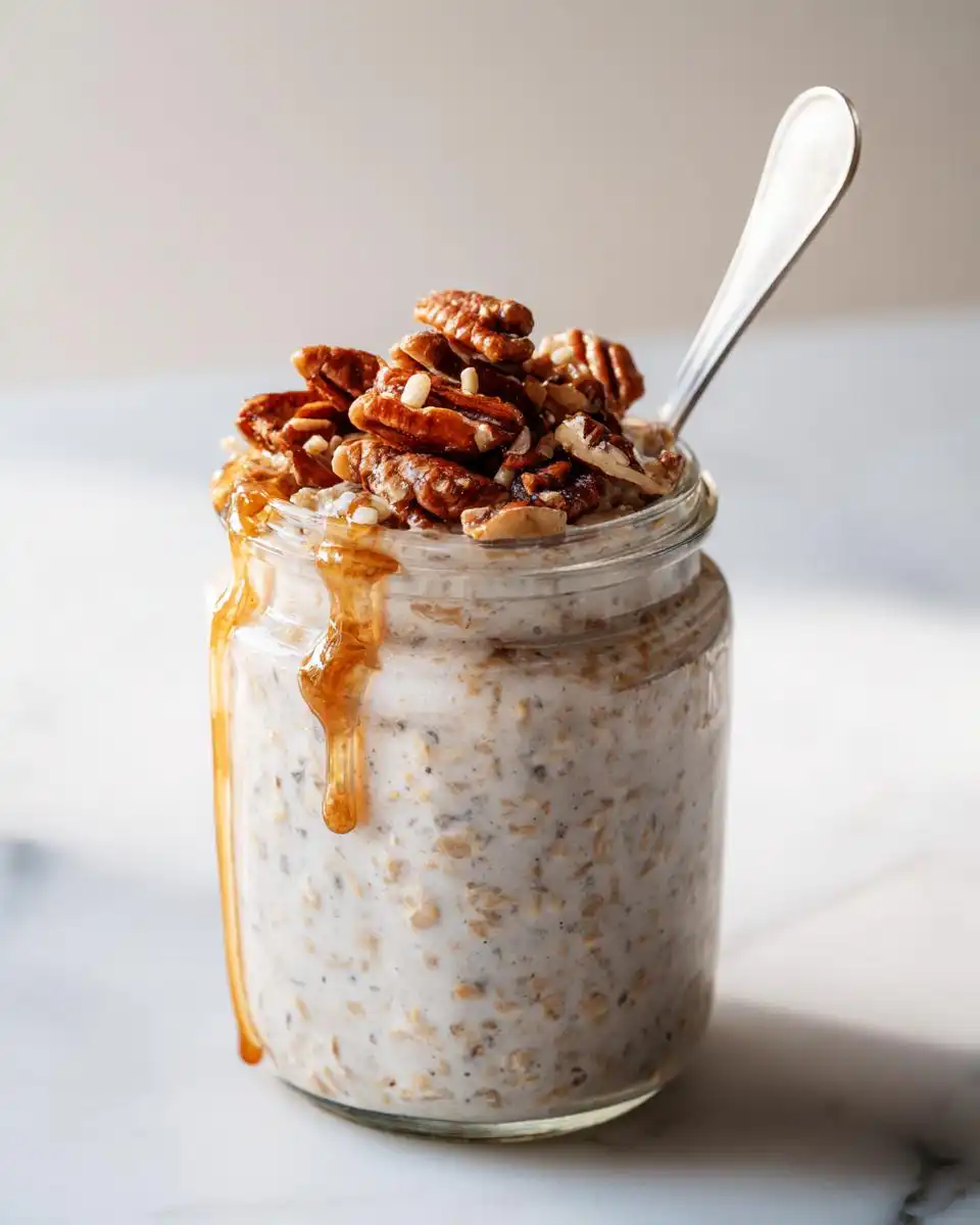 A glass jar filled with creamy Brown Sugar Pecan Overnight Oats, topped with pecans and drizzled with caramel sauce.