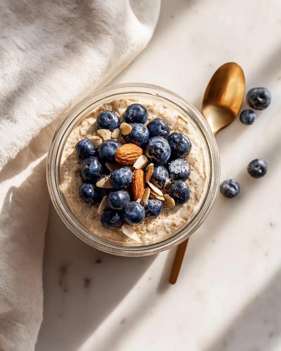 Overhead view of Brown Sugar Vanilla Overnight Oats topped with fresh blueberries and almonds.