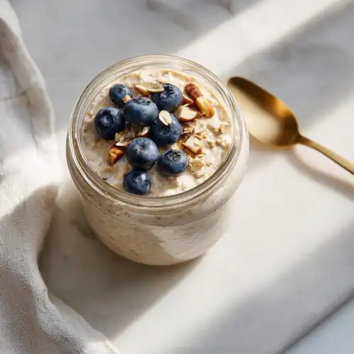 Overhead view of Brown Sugar Vanilla Overnight Oats in a glass jar, topped with fresh blueberries and chopped nuts.