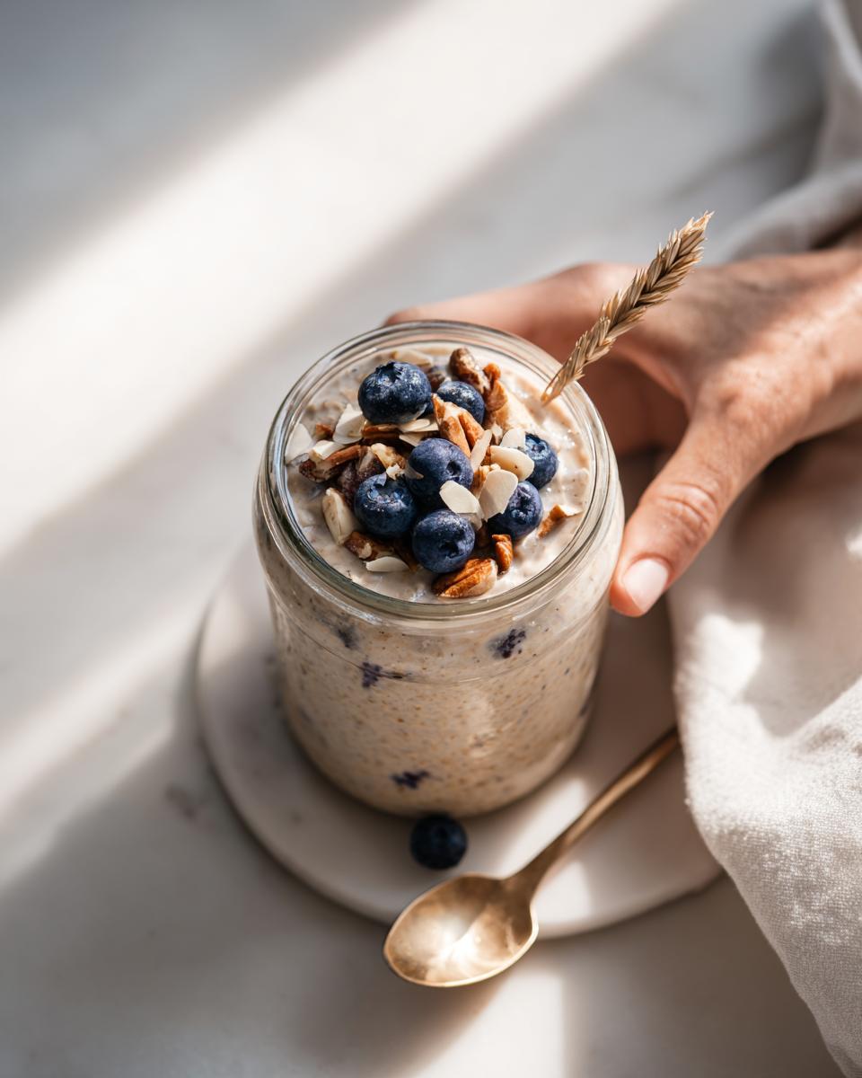 A hand holding a jar of Brown Sugar Vanilla Overnight Oats topped with fresh blueberries and nuts.