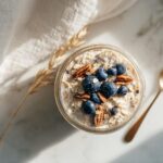 Overhead view of Brown Sugar Vanilla Overnight Oats topped with fresh blueberries and pecans in a glass jar.