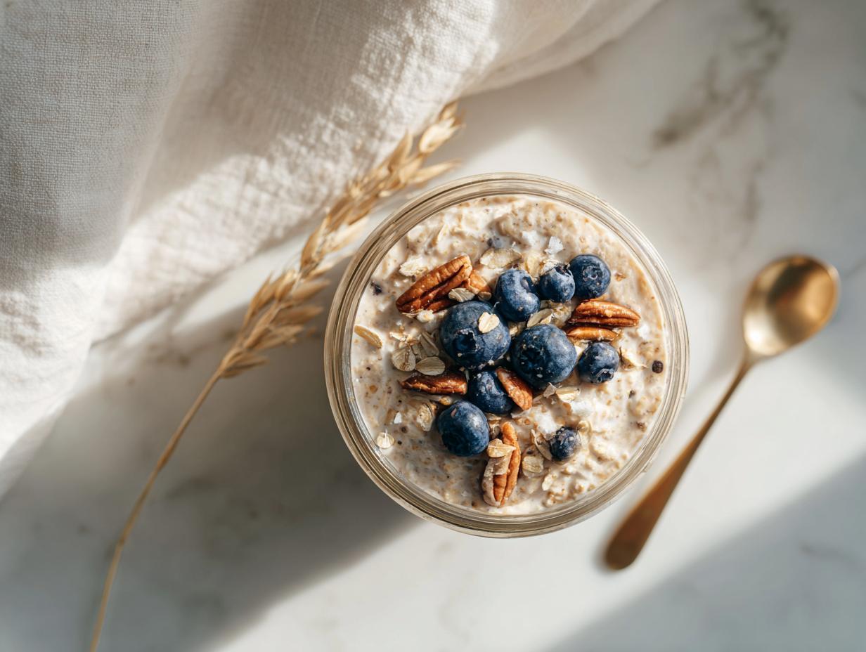 Overhead view of Brown Sugar Vanilla Overnight Oats topped with fresh blueberries and pecans in a glass jar.