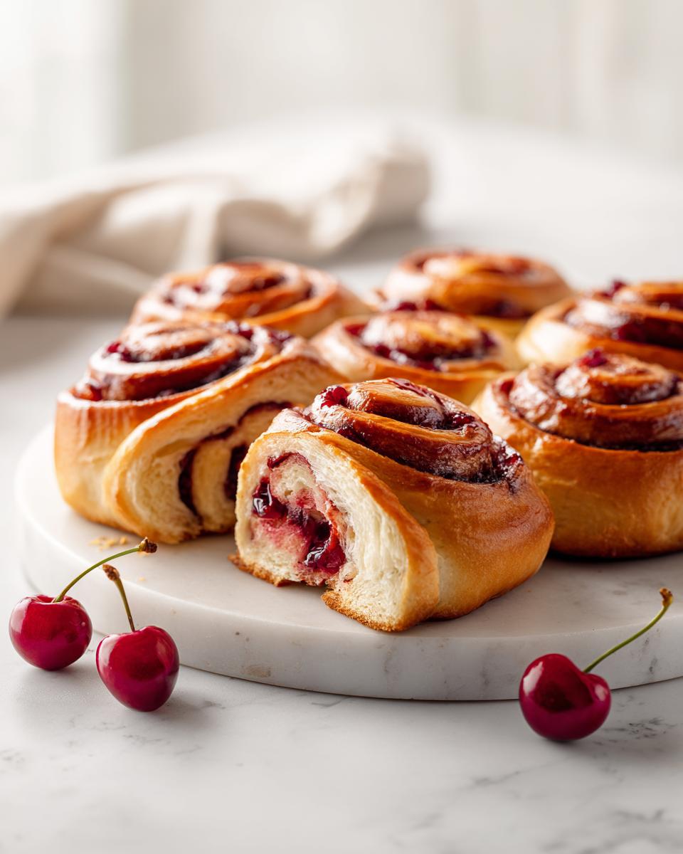 A close-up of freshly baked Cherry Brioche Rolls on a marble board, one roll cut open to show the cherry filling.
