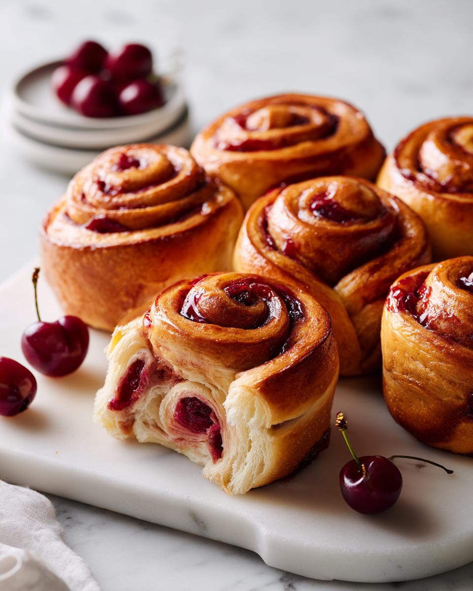 A close-up of several golden-brown Cherry Brioche Rolls, one of which is torn open to show the rich cherry filling inside.