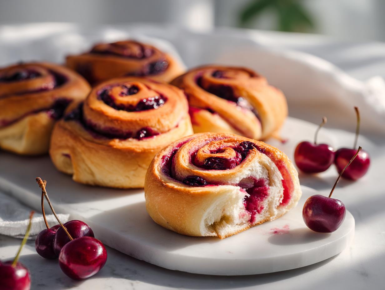 A close-up view of freshly baked Cherry Brioche Rolls, one cut open to show the filling, garnished with fresh cherries.