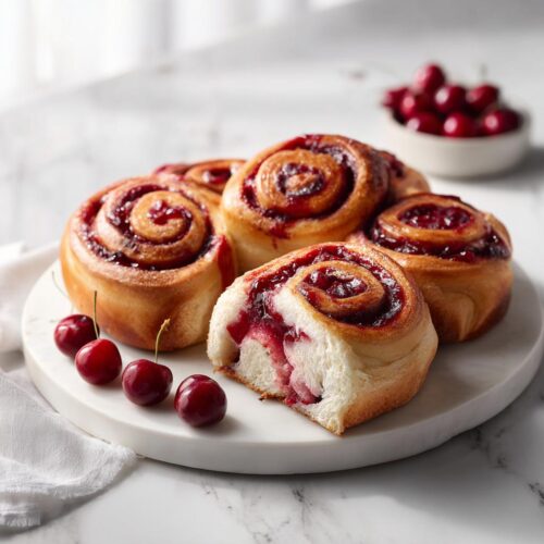 A plate of freshly baked Cherry Brioche Rolls, one cut open to show the bright red cherry filling inside the soft dough.