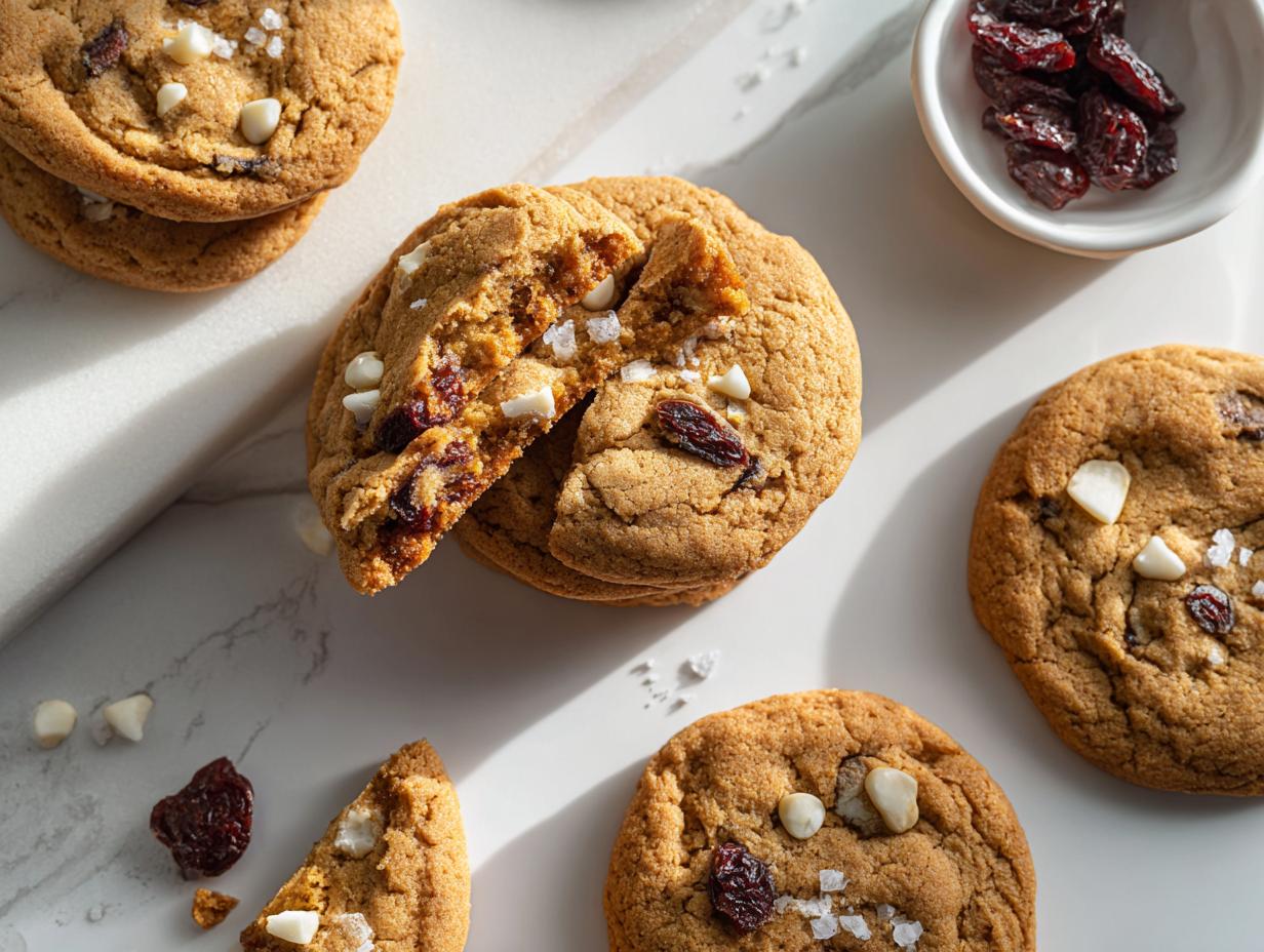 Several Cherry Brown Butter Cookies topped with sea salt, one broken open to show the chewy interior with white chocolate chips and dried cherries.