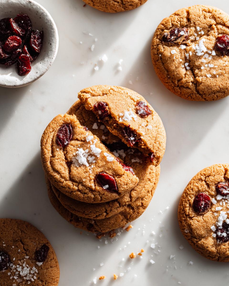 Overhead view of soft Cherry Brown Butter Cookies, one broken open, sprinkled with flaky sea salt.