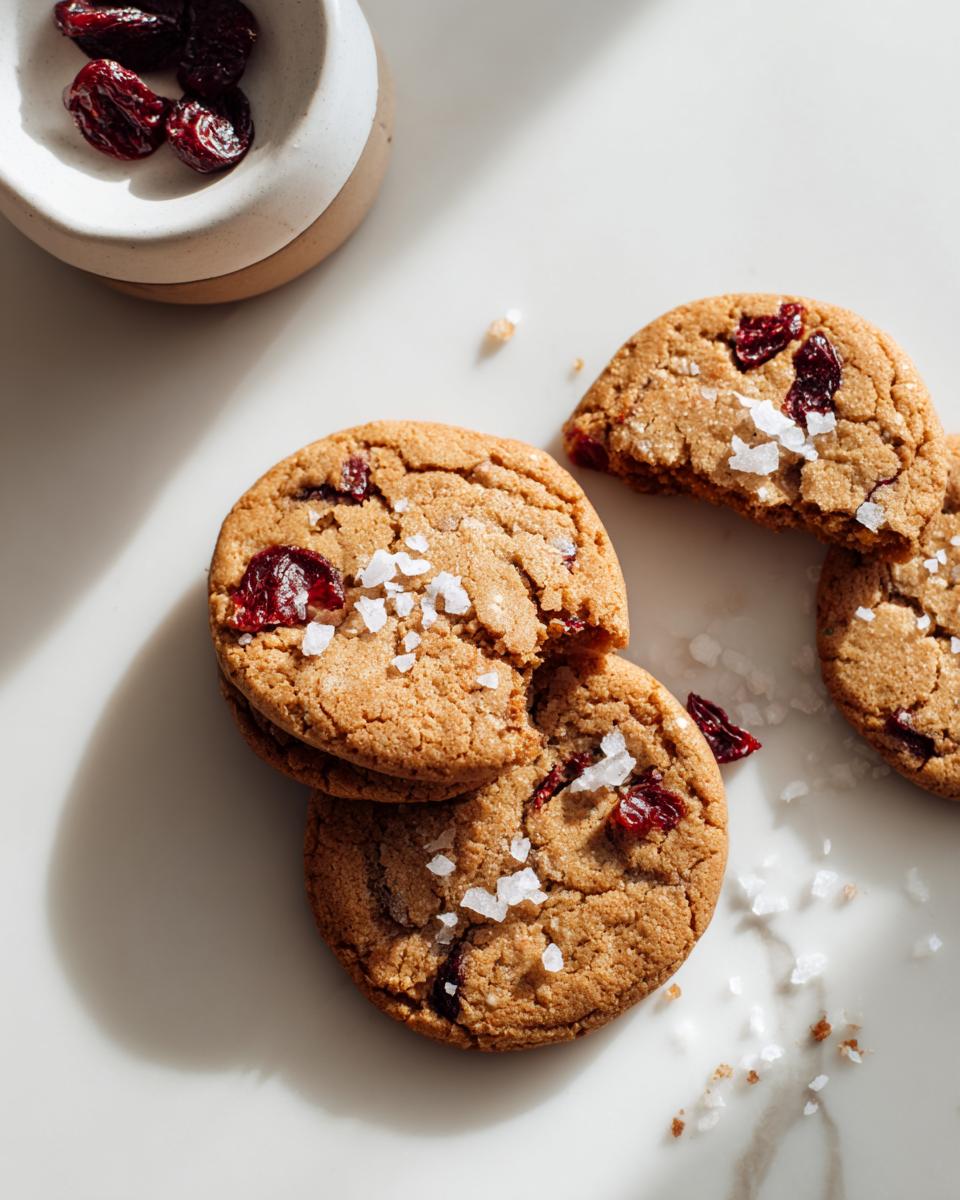 Close-up overhead shot of delicious Cherry Brown Butter Cookies topped with flaky sea salt.
