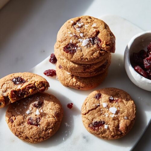 A stack and several individual Cherry Brown Butter Cookies sprinkled with flaky sea salt on a marble surface.