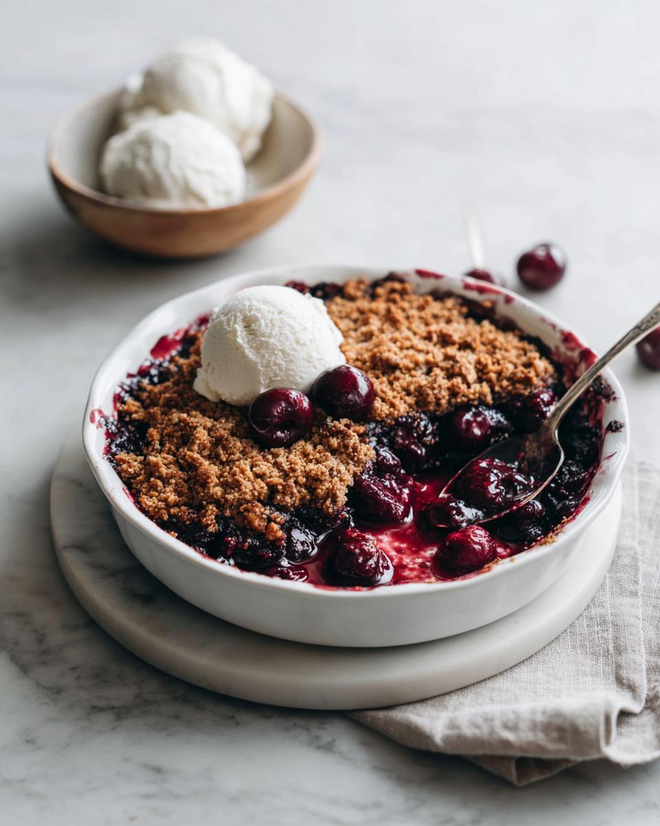 A close-up of a warm Cherry Chocolate Crumble topped with vanilla ice cream and fresh cherries, being scooped with a spoon.