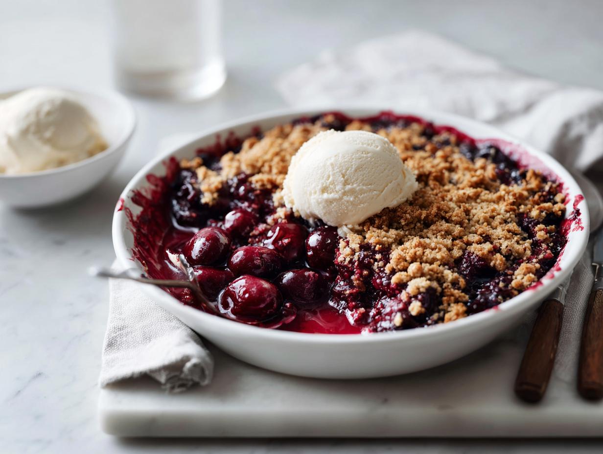 A warm bowl of Cherry Chocolate Crumble topped with a scoop of vanilla ice cream, served on a marble surface.