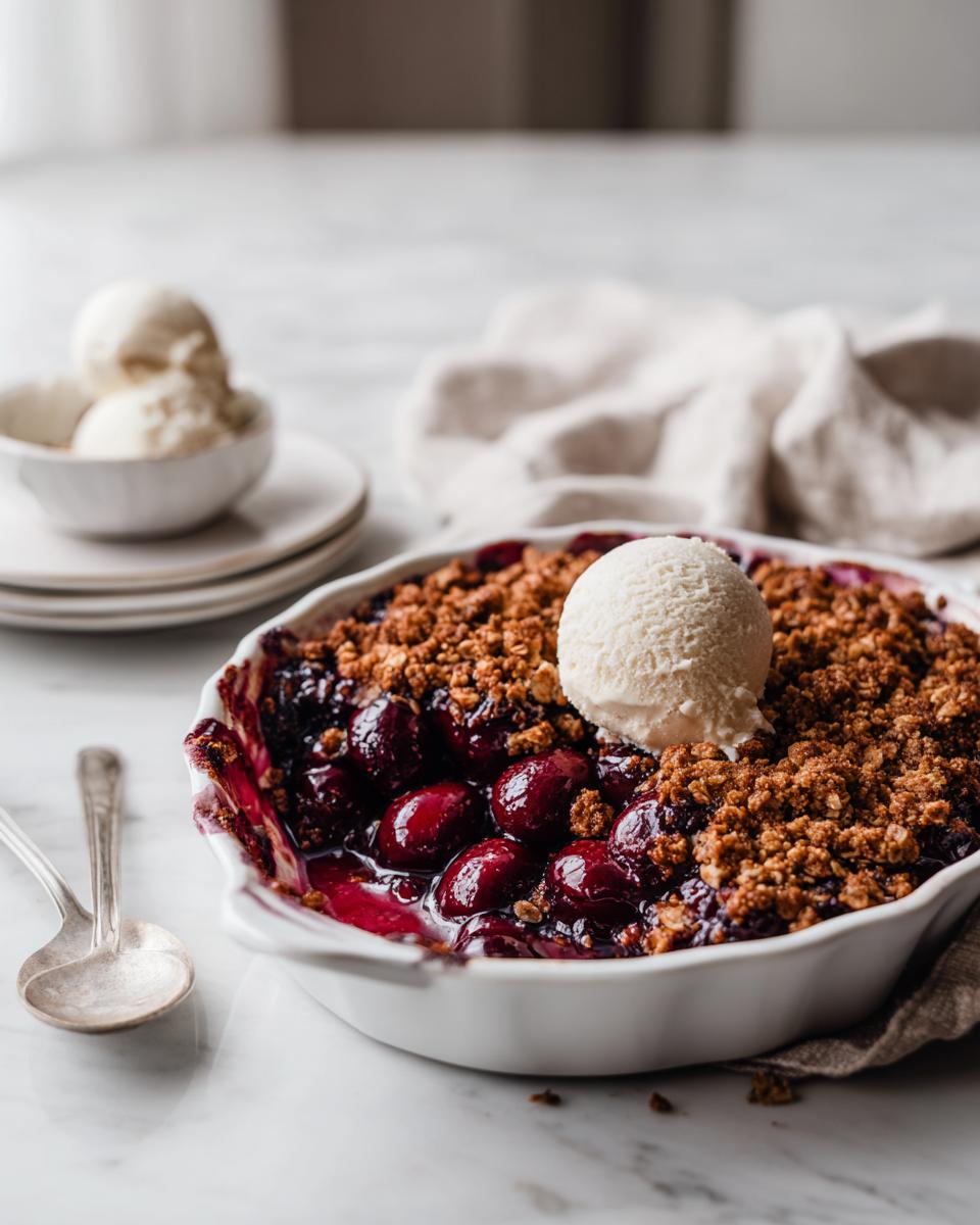 Close-up of warm Cherry Chocolate Crumble in a white dish topped with a scoop of vanilla ice cream.