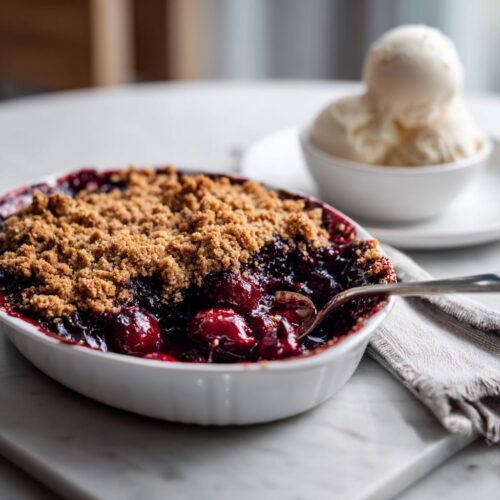 Close-up of a warm Cherry Chocolate Crumble in a white dish with a spoon, served alongside vanilla ice cream.