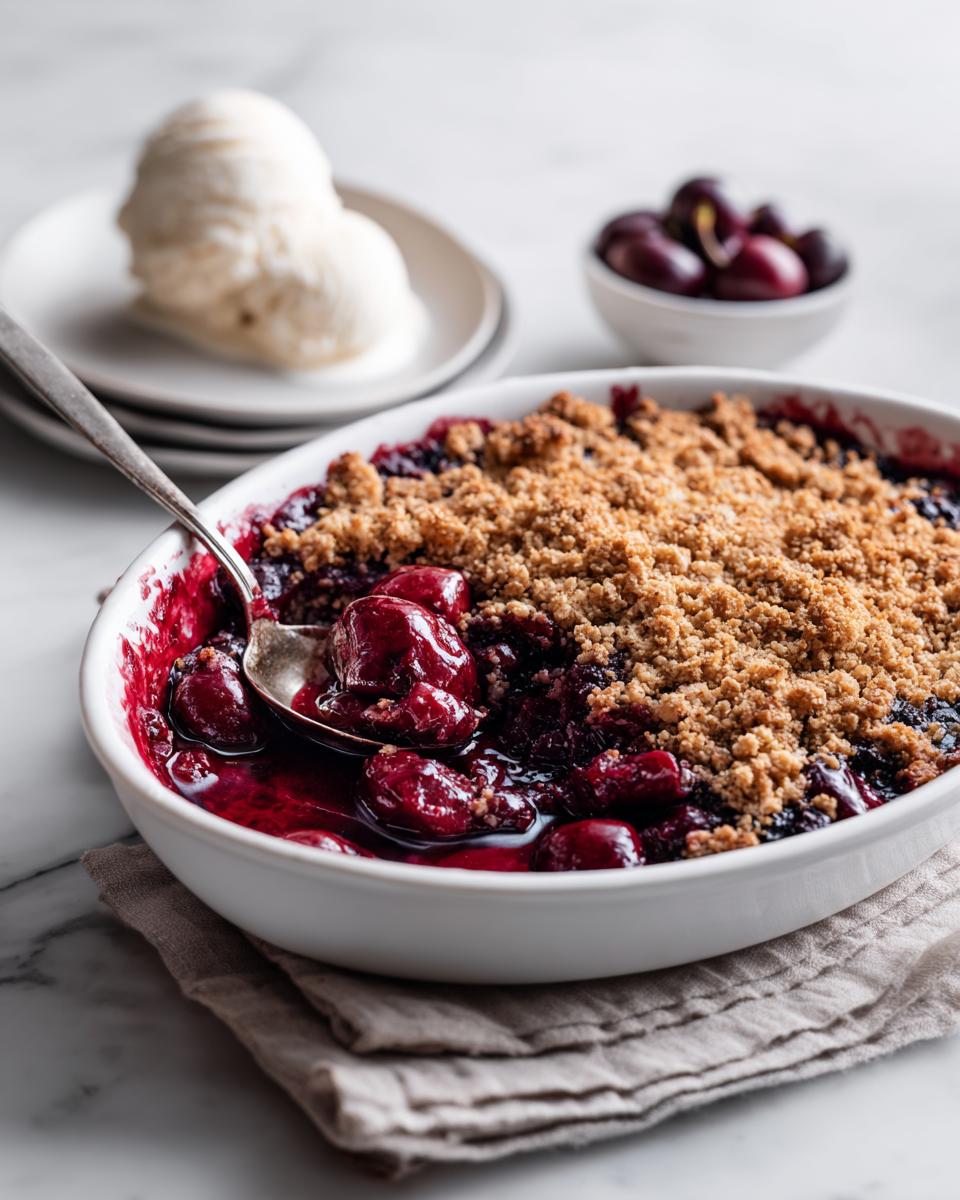 Close-up of a spoonful of bubbling Cherry Chocolate Crumble in a white dish, served with vanilla ice cream nearby.