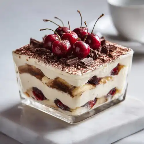 A square glass dish holding a layered Cherry Coconut Cream Tiramisu without mascarpone, topped with fresh cherries.