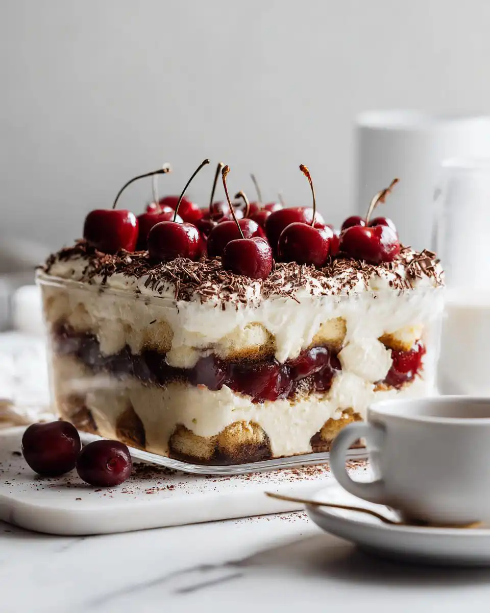 Layers of sponge cake, coconut cream, and cherry filling in a Cherry Coconut Cream Tiramisu, topped with fresh cherries.